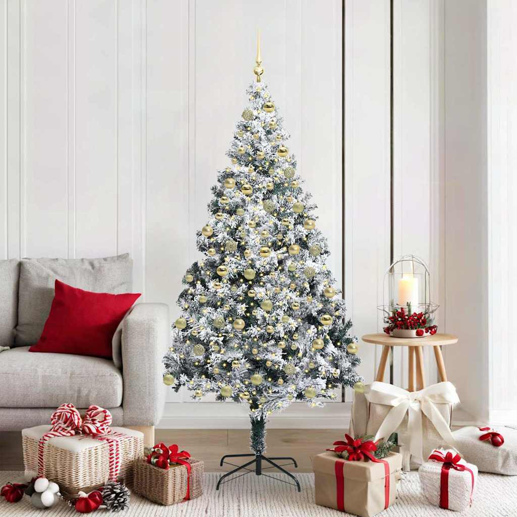 Műkarácsonyfa gömbdíszekkel, 180 cm, fehér, 300 LED, meleg fehér fény