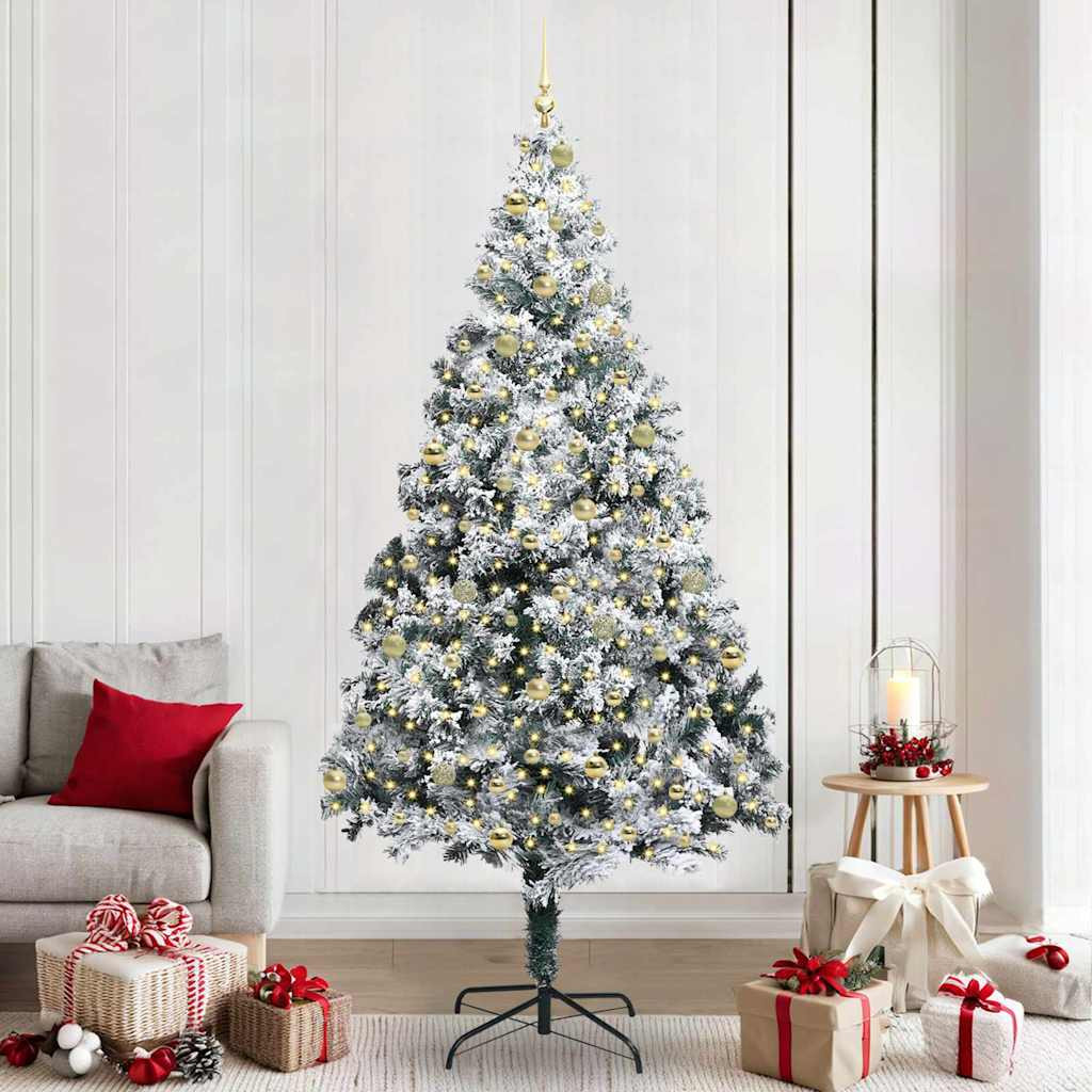 Műkarácsonyfa gömbdíszekkel, 240 cm, fehér, 300 LED, meleg fehér fény, 2100 ágvég
