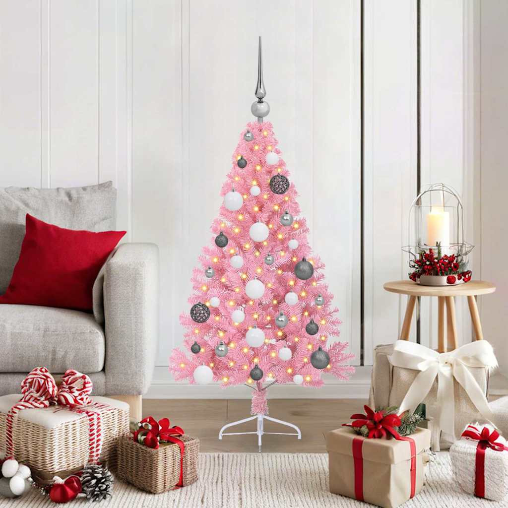 Műkarácsonyfa gömbdíszekkel, 120 cm, rózsaszín, 150 LED, meleg fehér fény