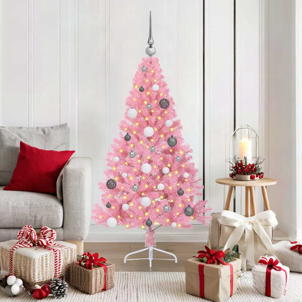 Műkarácsonyfa gömbdíszekkel, 150 cm, rózsaszín, 150 LED, meleg fehér fény