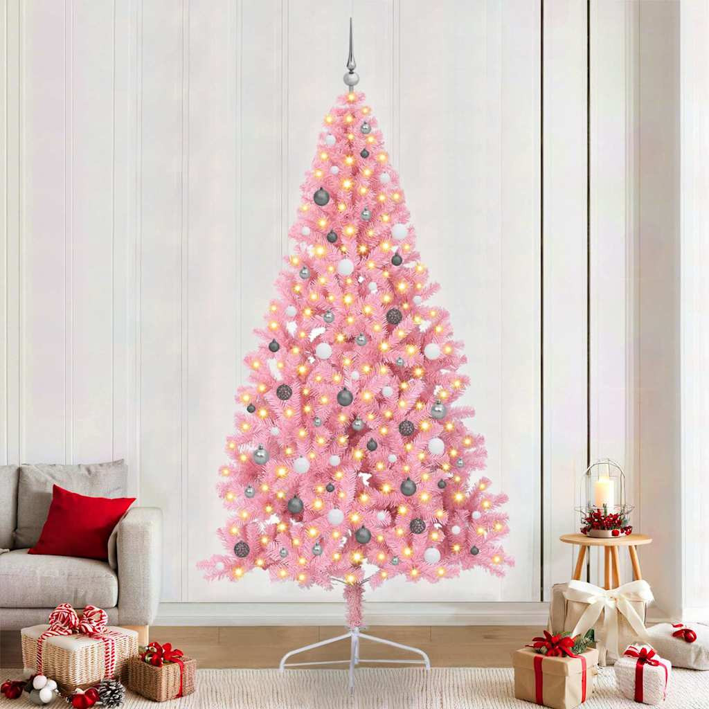 Műkarácsonyfa, 240 cm, rózsaszín, 300 LED, meleg fehér fény