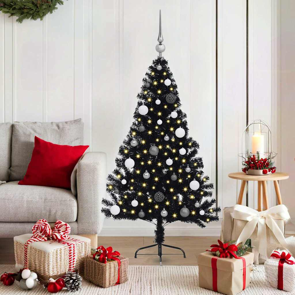 Műkarácsonyfa gömbdíszekkel, 150 cm, fekete, 150 LED, meleg fehér fény