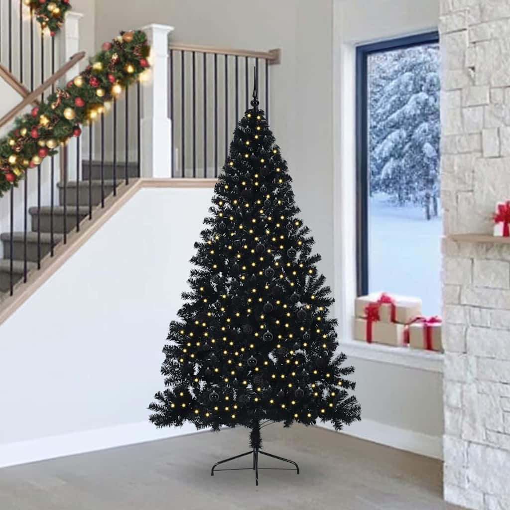 vidaXL LED-világításos műkarácsonyfa díszekkel, fekete, 240 cm