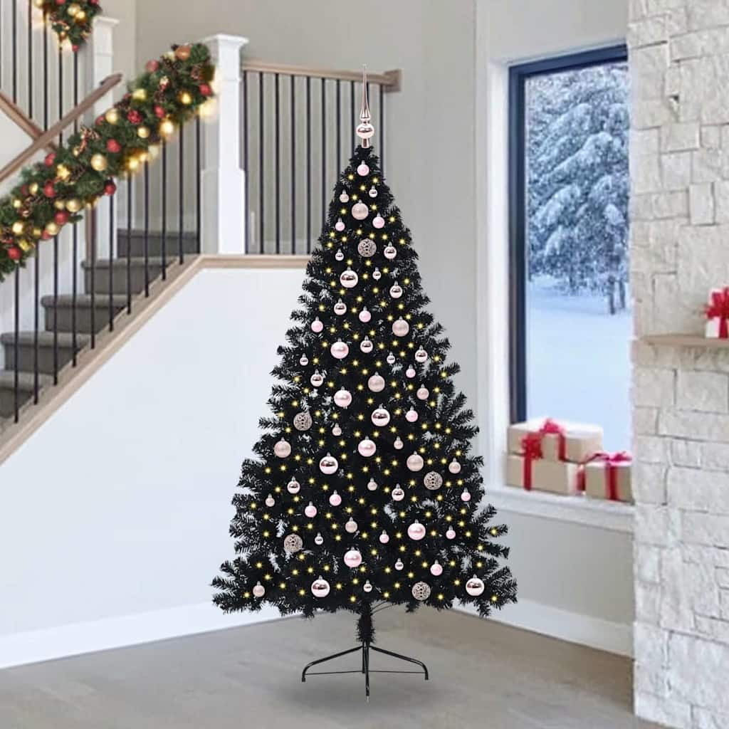 vidaXL LED-világításos műkarácsonyfa díszekkel, fekete, 240 cm