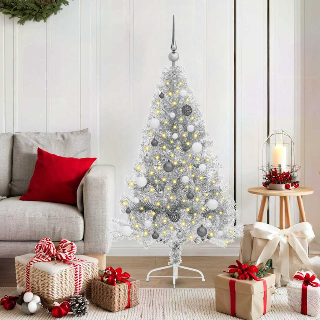 Műkarácsonyfa gömbdíszekkel, 150 cm, ezüst, 150 LED, meleg fehér fény