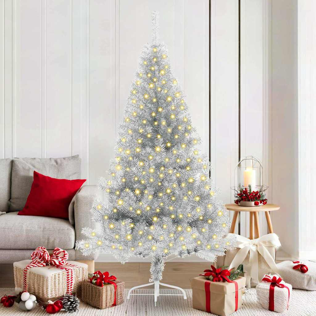 Műkarácsonyfa, 180 cm, ezüst, 300 LED, meleg fehér fény