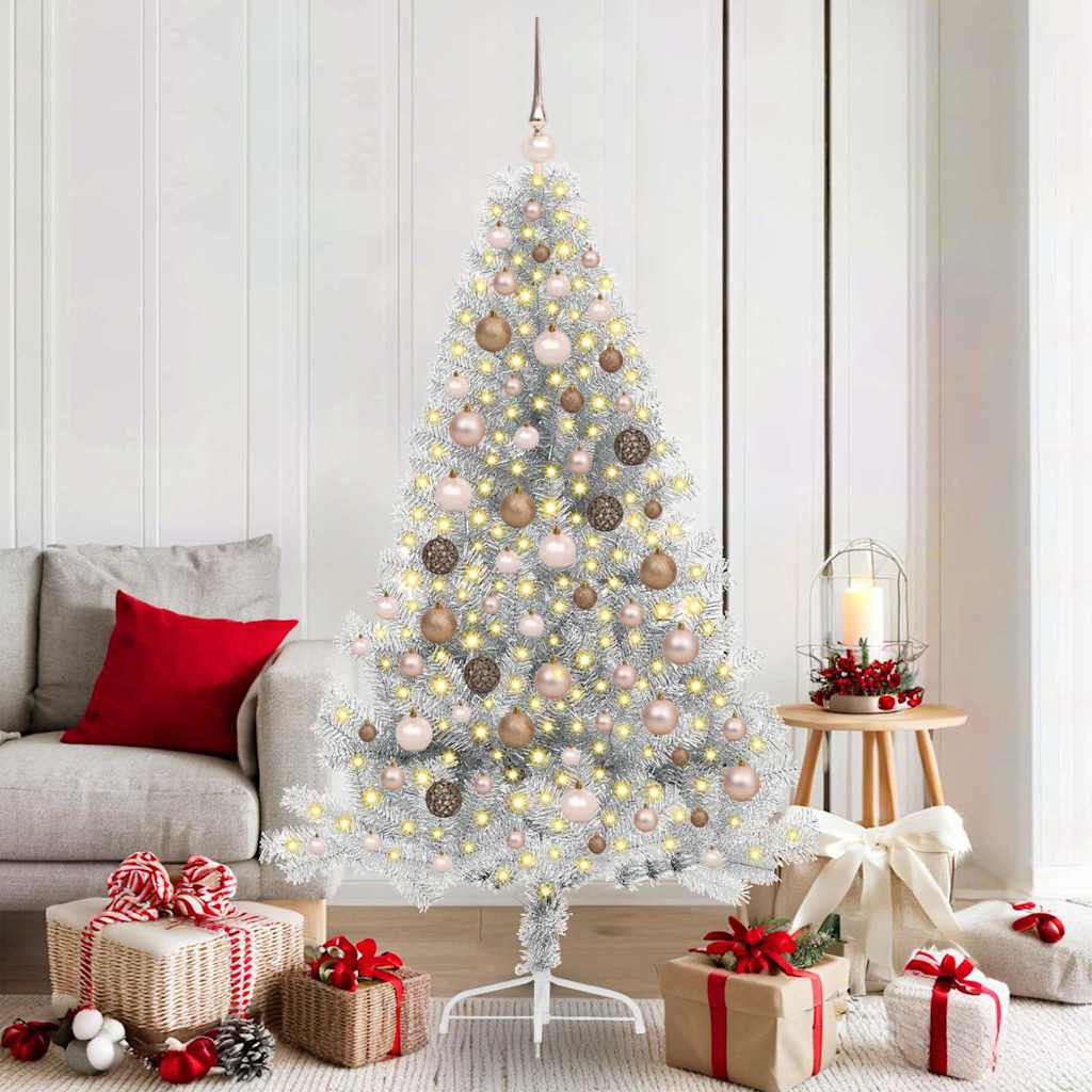 Műkarácsonyfa, 180 cm, ezüst, 300 LED, meleg fehér fény