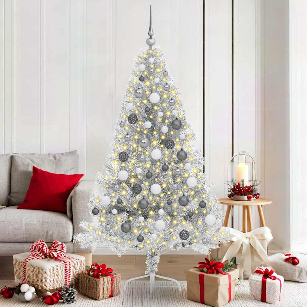 Műkarácsonyfa, 180 cm, ezüst, 300 LED, meleg fehér fény