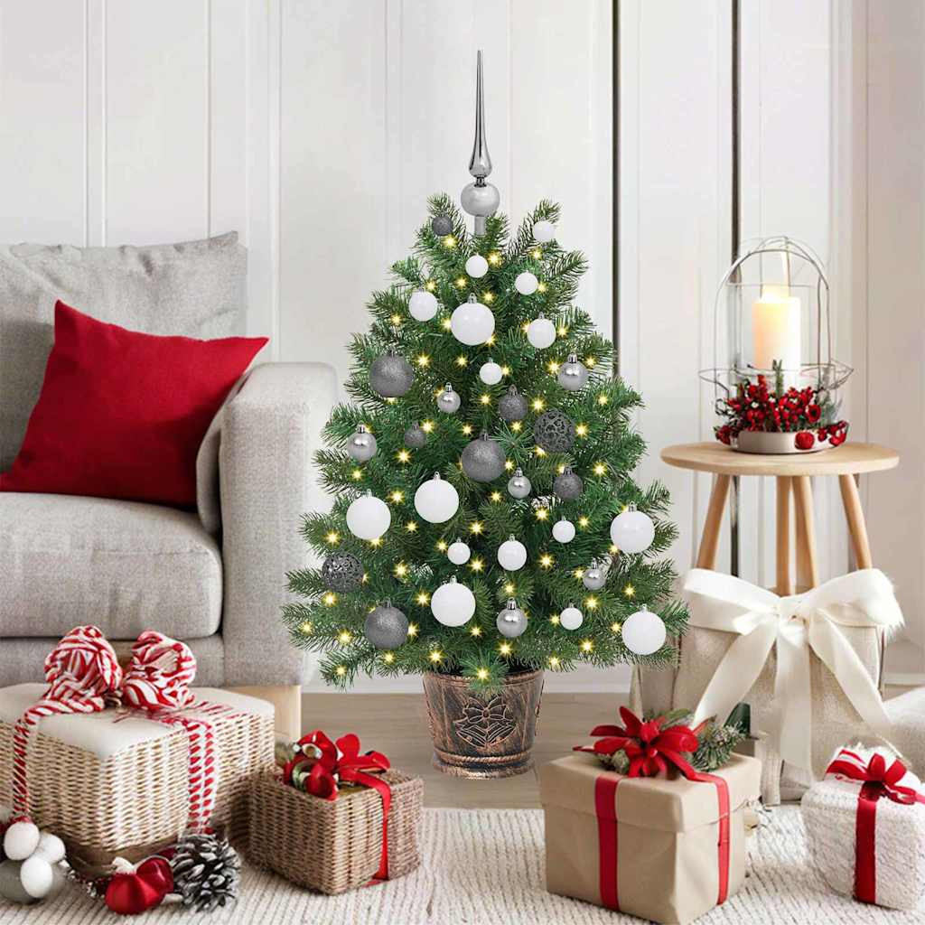 Műkarácsonyfa gömbdíszekkel, 95 cm, zöld, 150 LED, meleg fehér fény