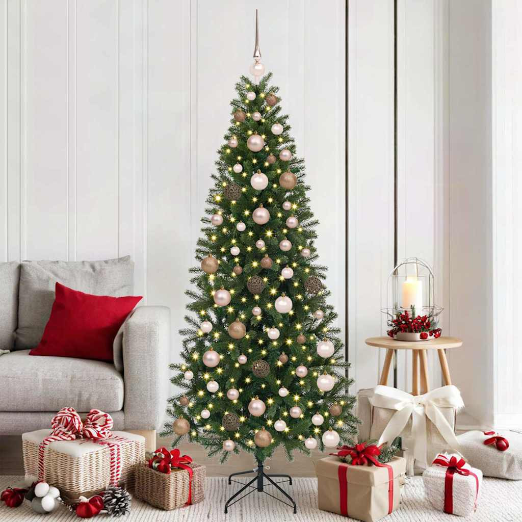 Műkarácsonyfa gömbdíszekkel, 180 cm, zöld, 300 LED, meleg fehér fény
