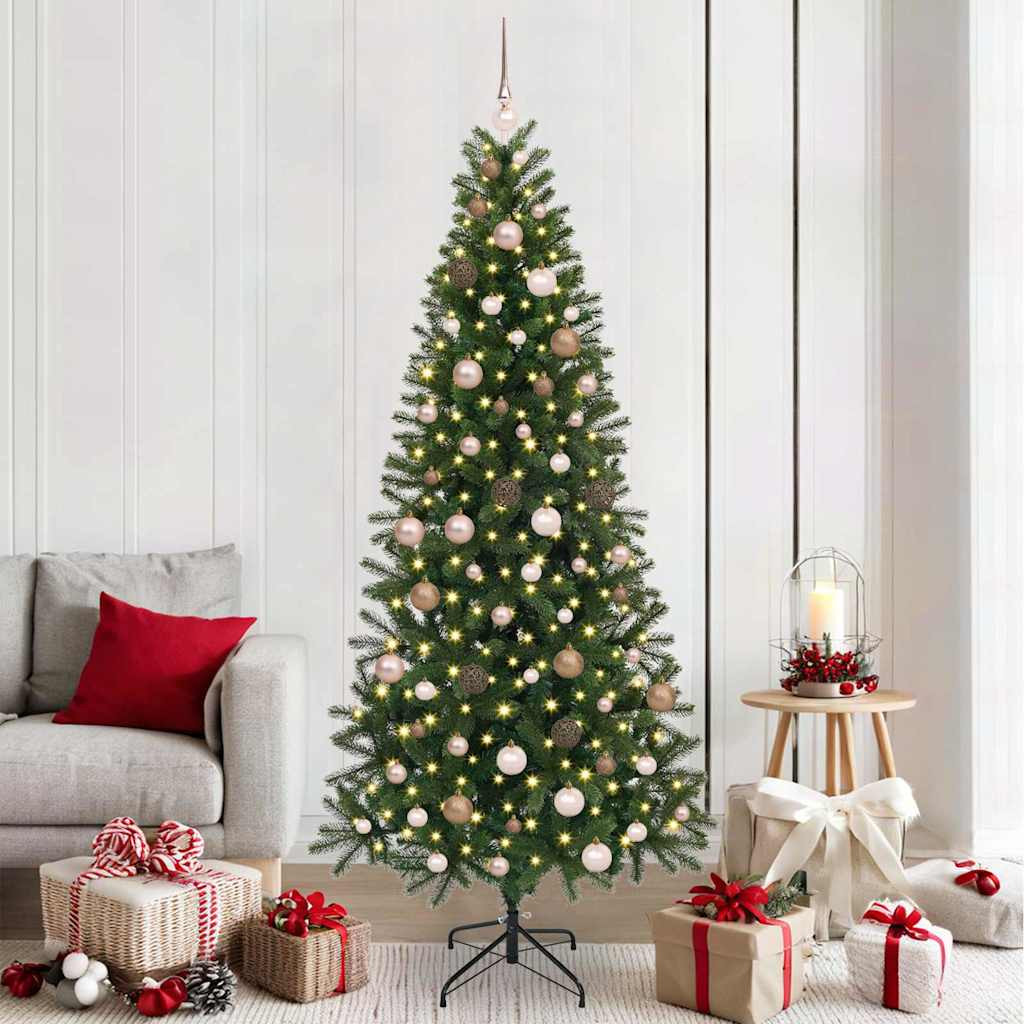 Műkarácsonyfa gömbdíszekkel, 210 cm, zöld, 300 LED, meleg fehér fény, 210 ágvég