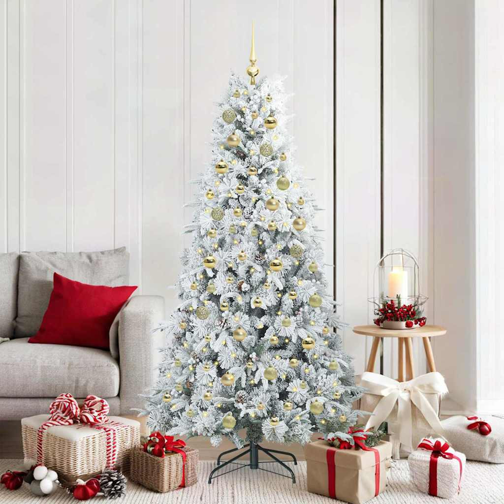 Összehajtható műkarácsonyfa gömbdíszekkel, 180 cm, fehér, 300 LED, meleg fehér fény