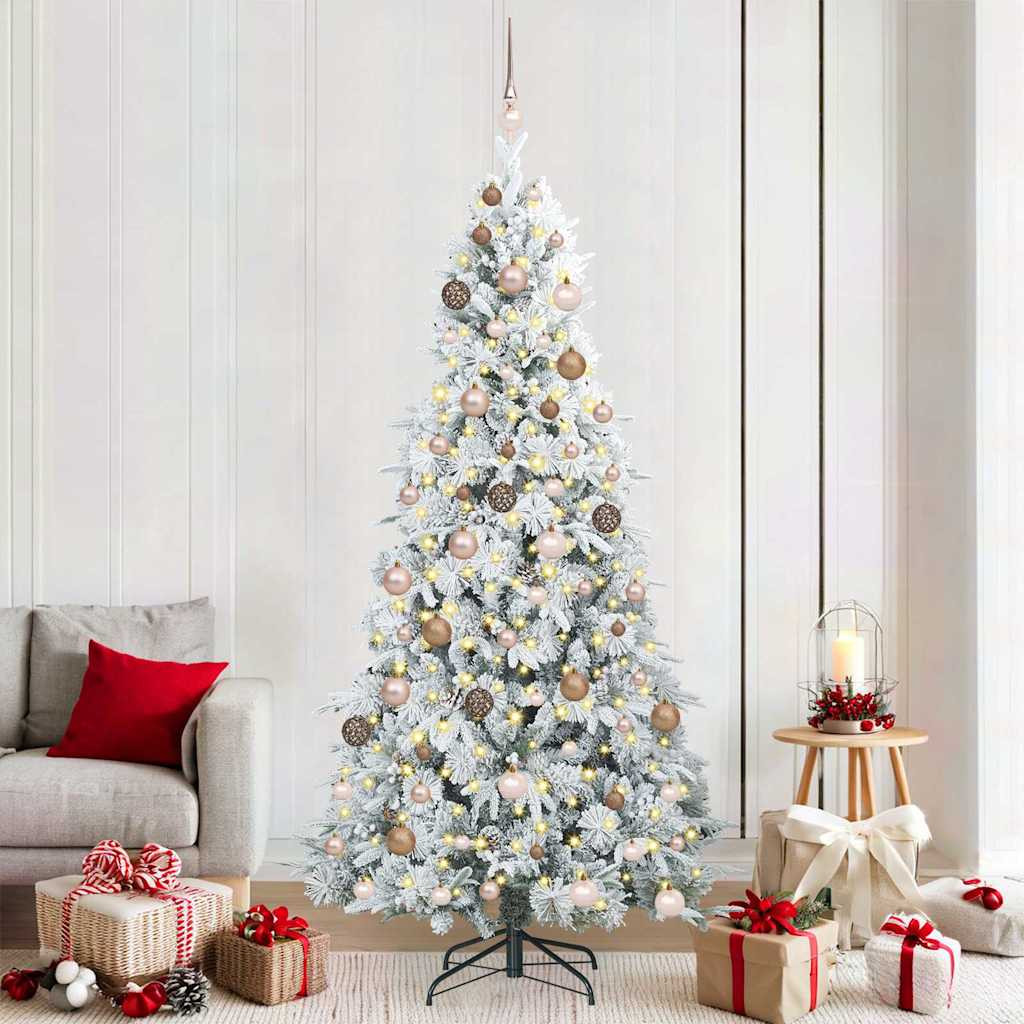 Összehajtható műkarácsonyfa gömbdíszekkel, 210 cm, fehér, 300 LED, meleg fehér fény