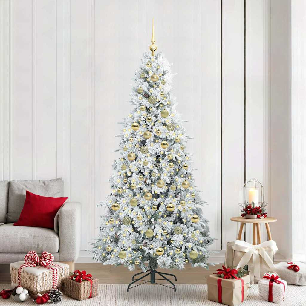 Összehajtható műkarácsonyfa gömbdíszekkel, 210 cm, fehér, 300 LED, meleg fehér fény