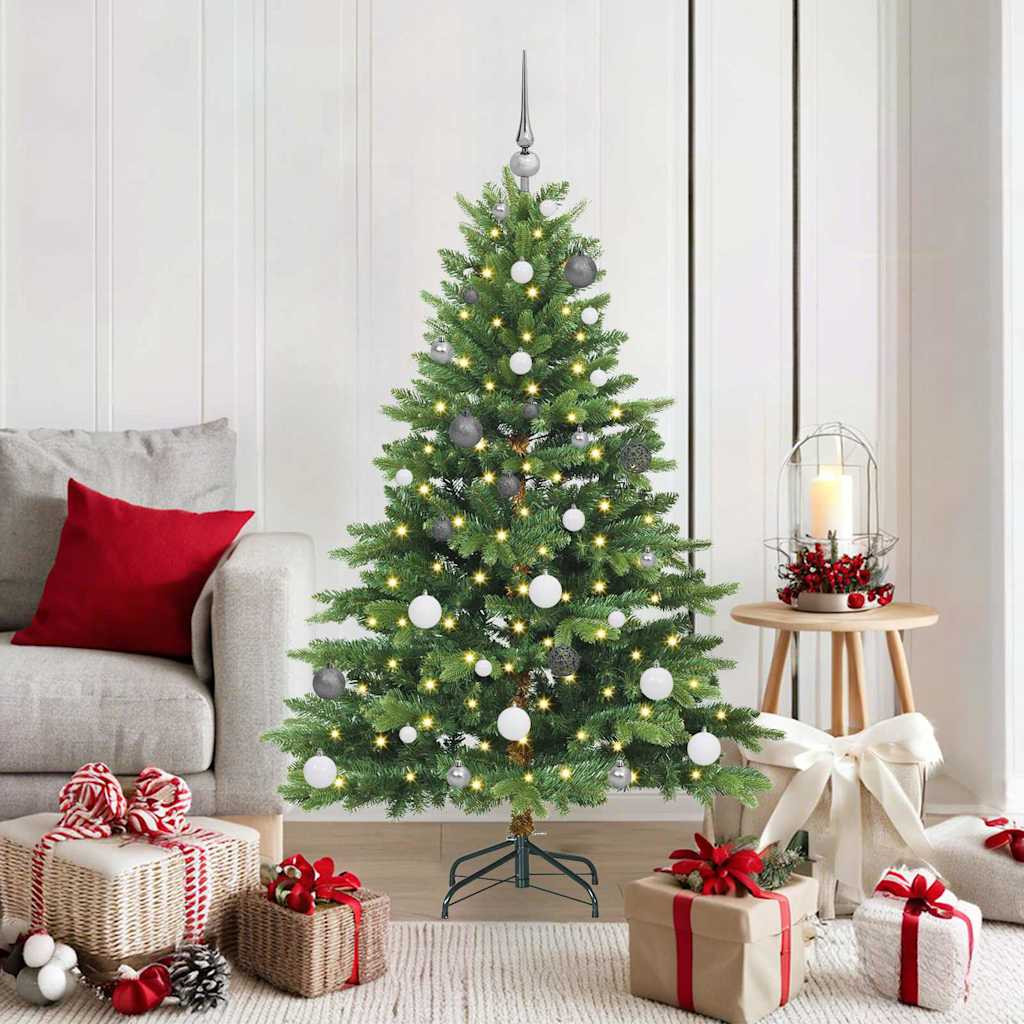 Műkarácsonyfa gömbdíszekkel, 150 cm, zöld, 150 LED, meleg fehér fény, 60 ágvég