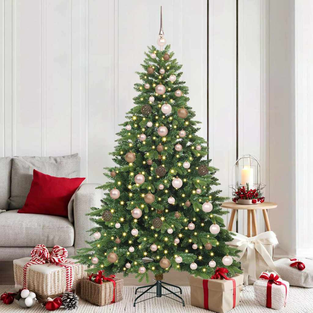 Műkarácsonyfa gömbdíszekkel, 180 cm, zöld, 300 LED, meleg fehér fény, 74 ágvég
