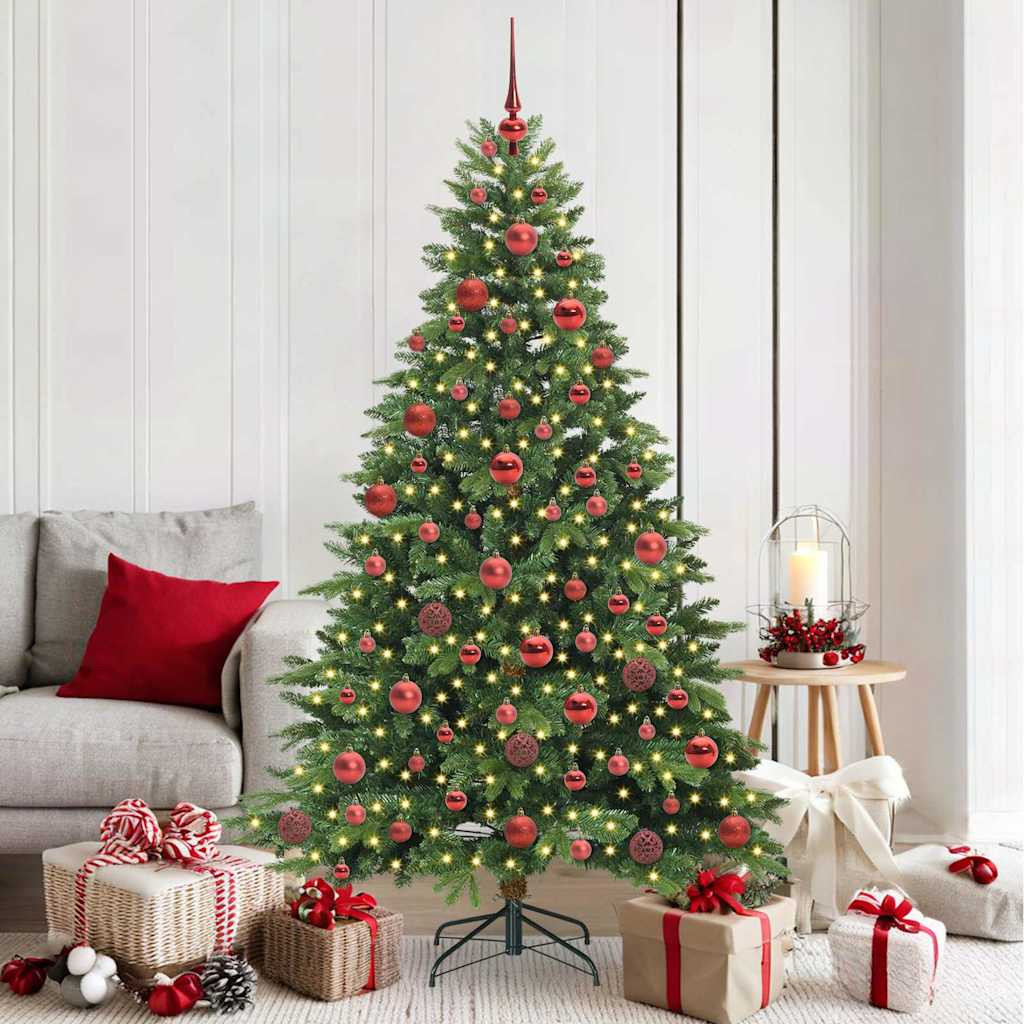 Műkarácsonyfa gömbdíszekkel, 180 cm, zöld, 300 LED, meleg fehér fény