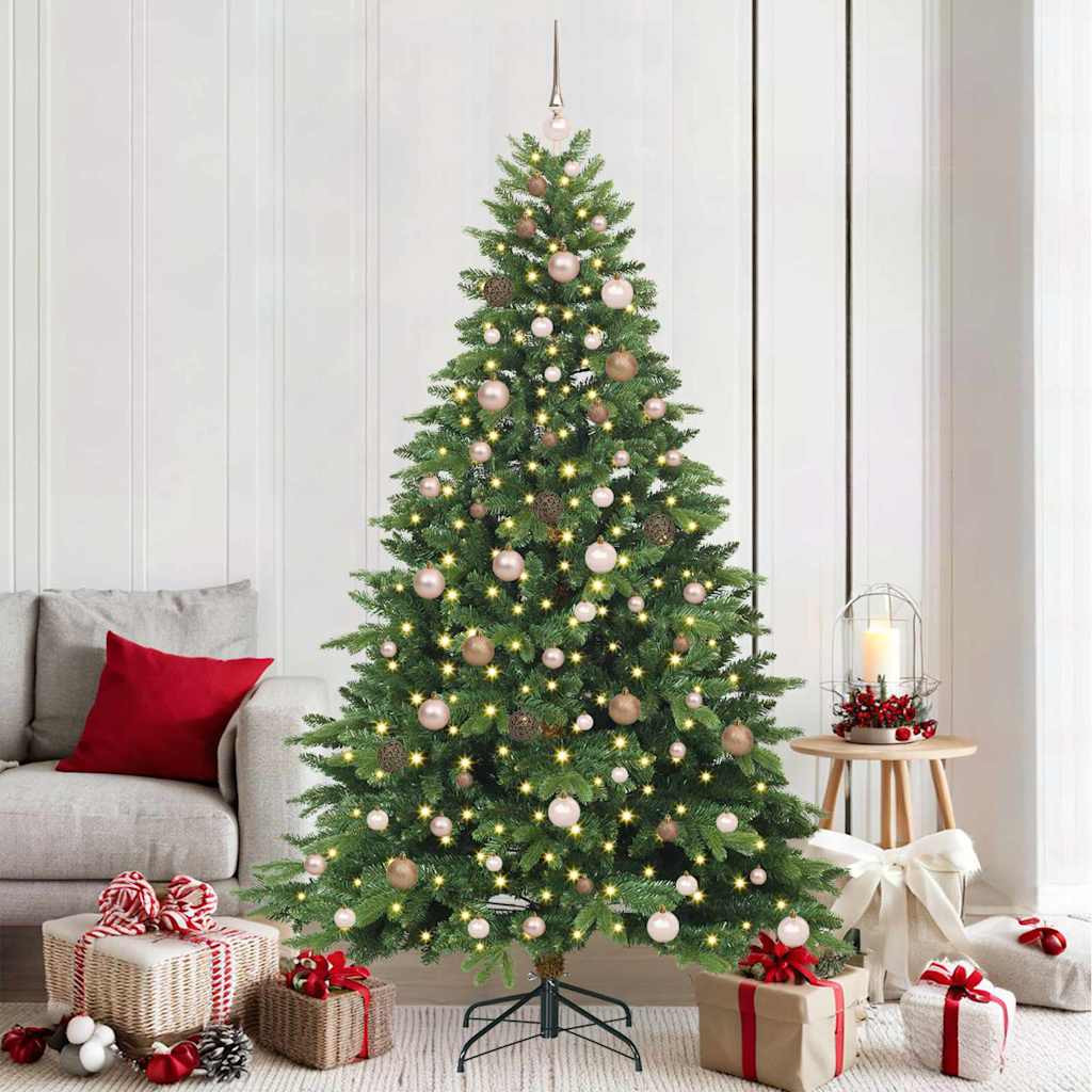 Műkarácsonyfa gömbdíszekkel, 210 cm, zöld, 300 LED, meleg fehér fény