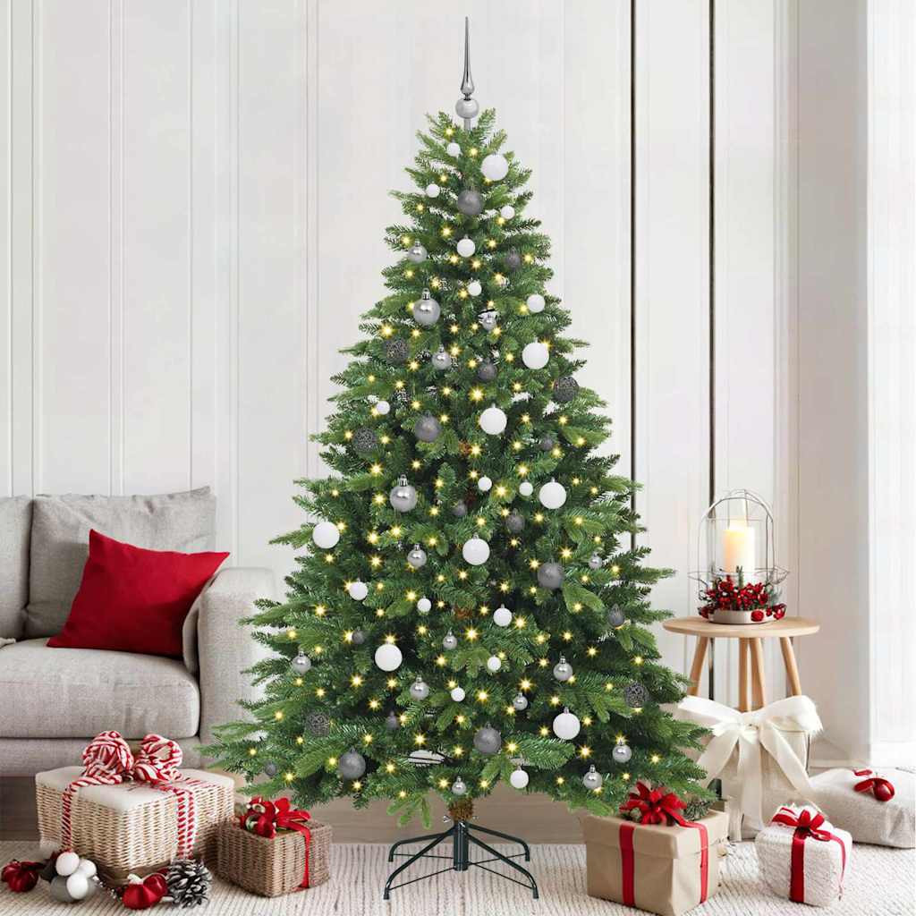 Műkarácsonyfa gömbdíszekkel, 210 cm, zöld, 300 LED, meleg fehér fény