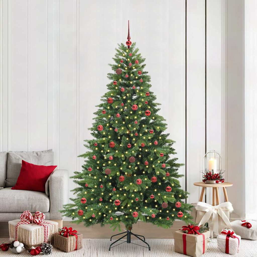 Műkarácsonyfa gömbdíszekkel, 210 cm, zöld, 300 LED, meleg fehér fény