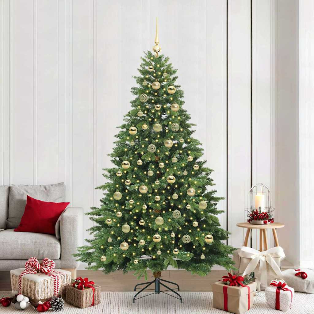 Műkarácsonyfa gömbdíszekkel, 210 cm, zöld, 300 LED, meleg fehér fény