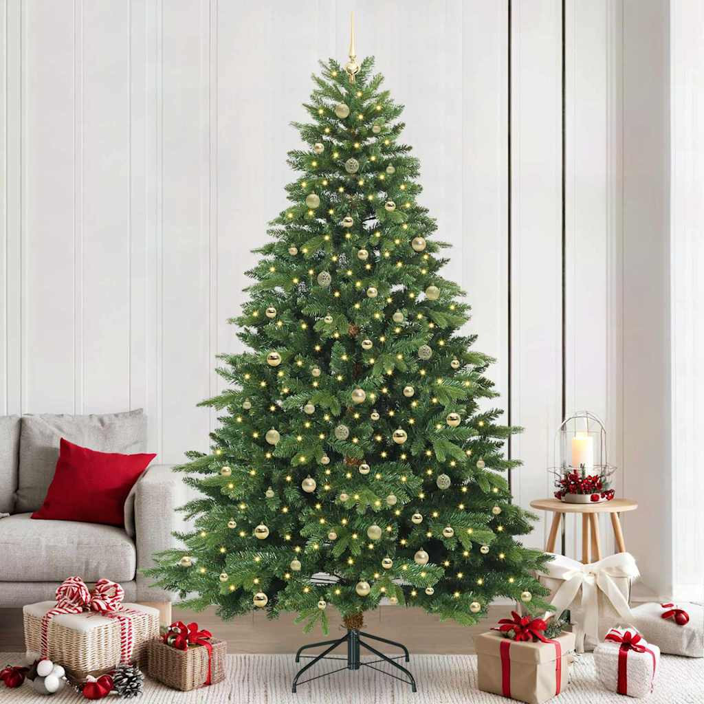 Műkarácsonyfa gömbdíszekkel, 240 cm, zöld, 300 LED, meleg fehér fény