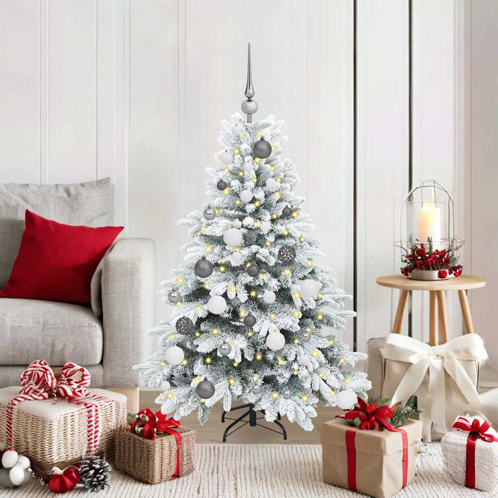 Műkarácsonyfa gömbdíszekkel, 120 cm, fehér, 150 LED, meleg fehér fény