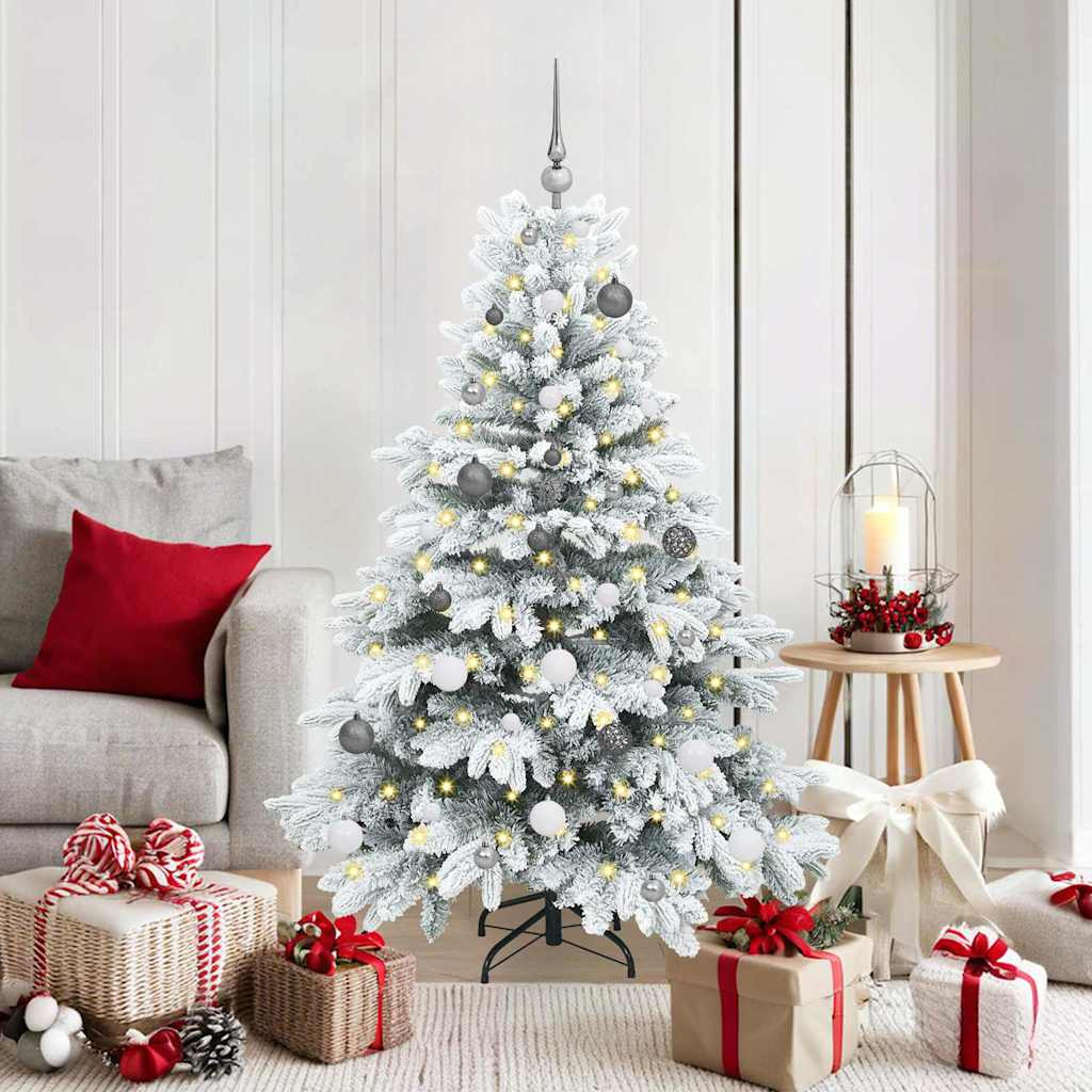 Műkarácsonyfa gömbdíszekkel, 150 cm, fehér, 150 LED, meleg fehér fény