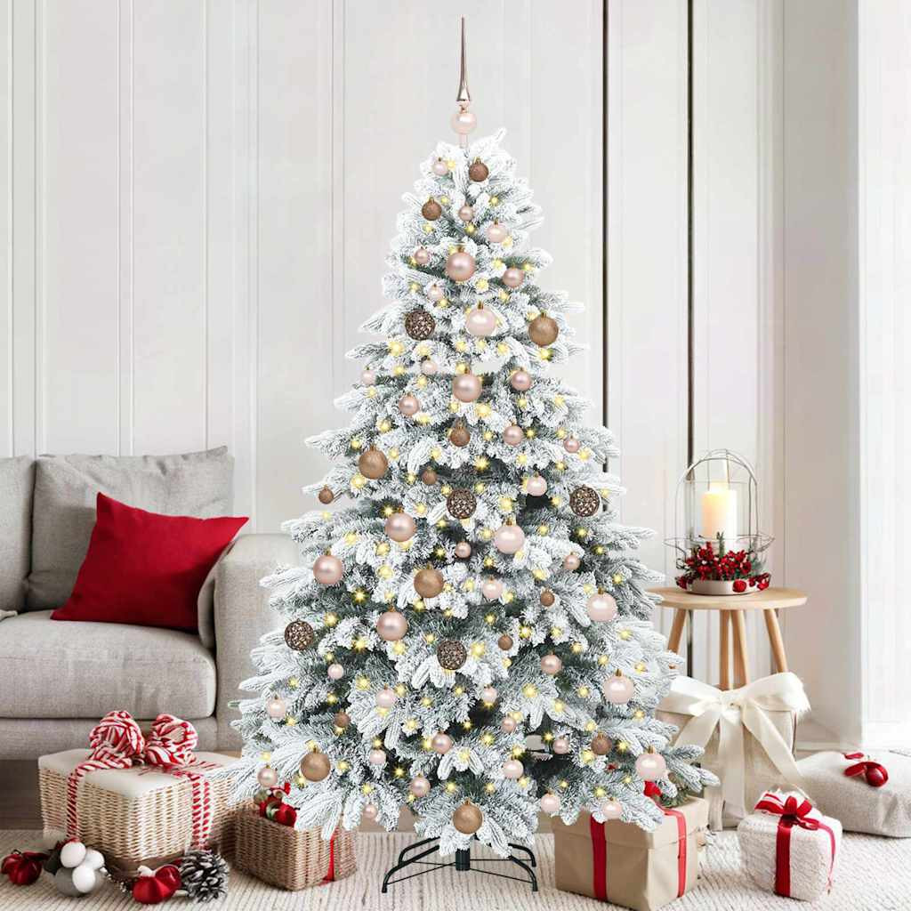 Műkarácsonyfa gömbdíszekkel, 180 cm, fehér, 300 LED, meleg fehér fény