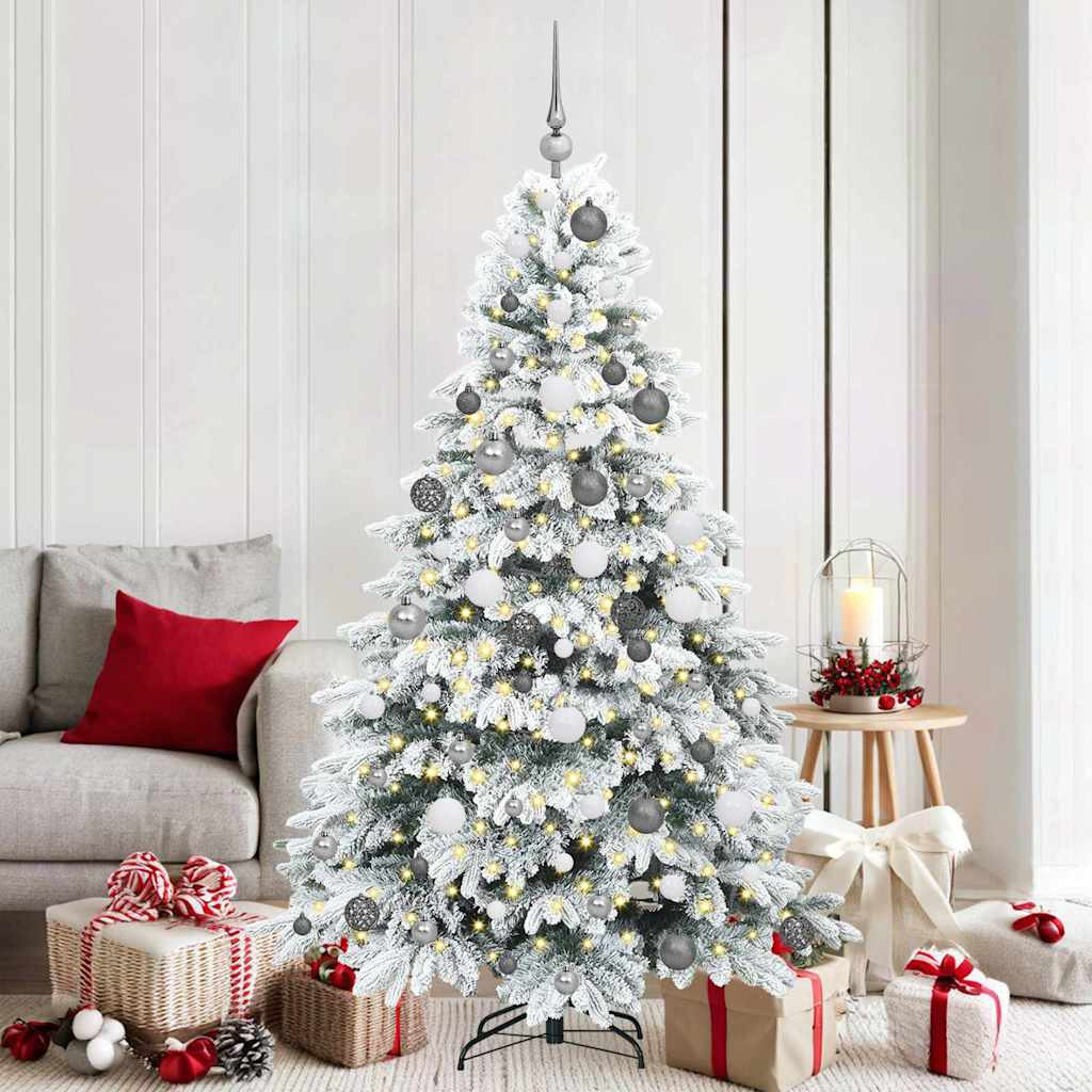 Műkarácsonyfa gömbdíszekkel, 180 cm, fehér, 300 LED, meleg fehér fény