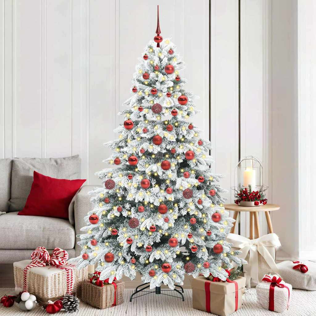 Műkarácsonyfa gömbdíszekkel, 180 cm, fehér, 300 LED, meleg fehér fény