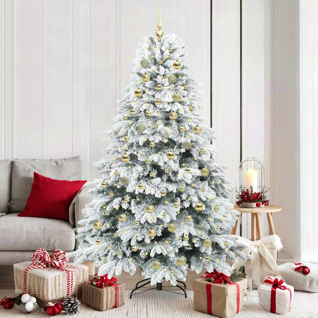 Műkarácsonyfa gömbdíszekkel, 180 cm, fehér, 300 LED, meleg fehér fény