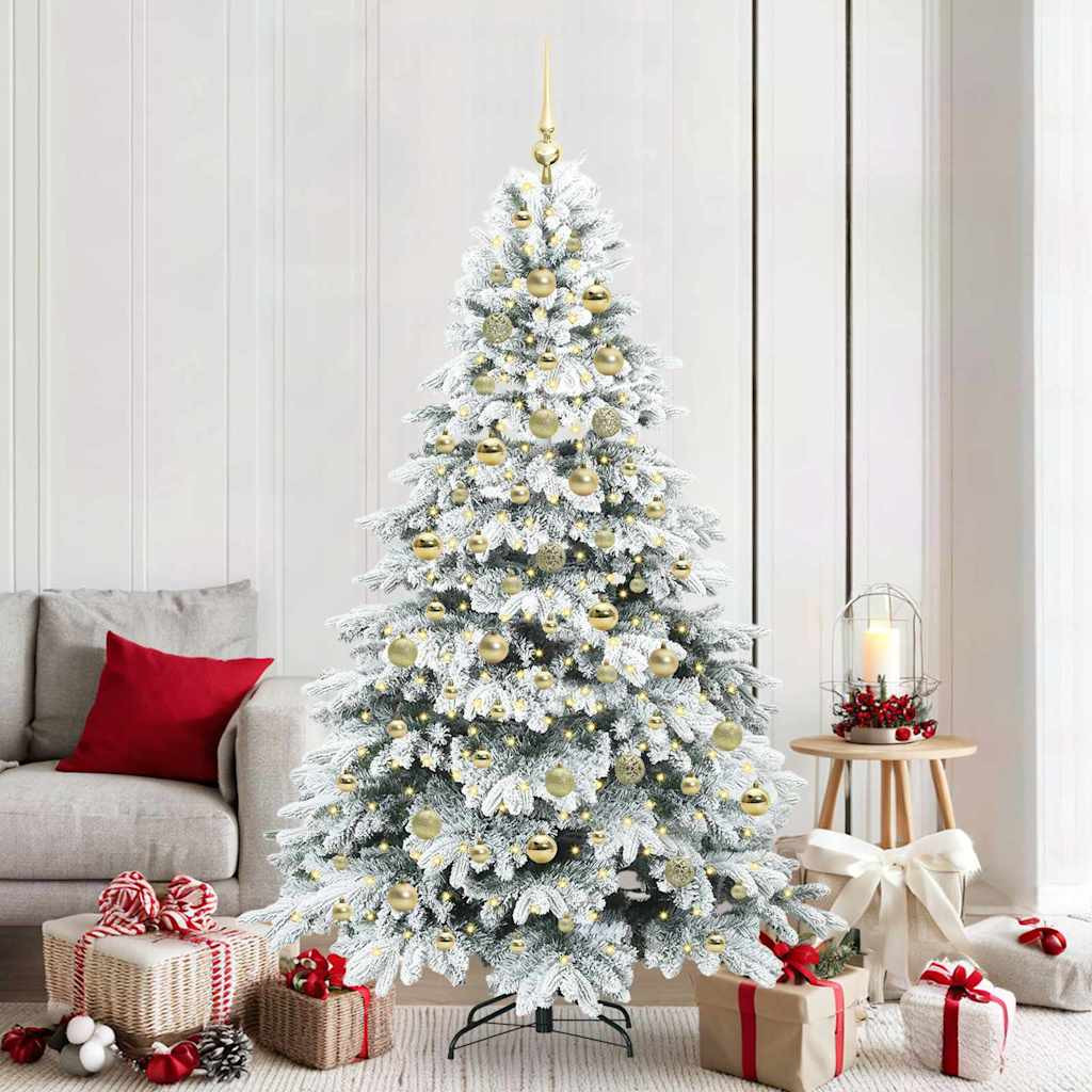 Műkarácsonyfa gömbdíszekkel, 210 cm, fehér, 300 LED, meleg fehér fény