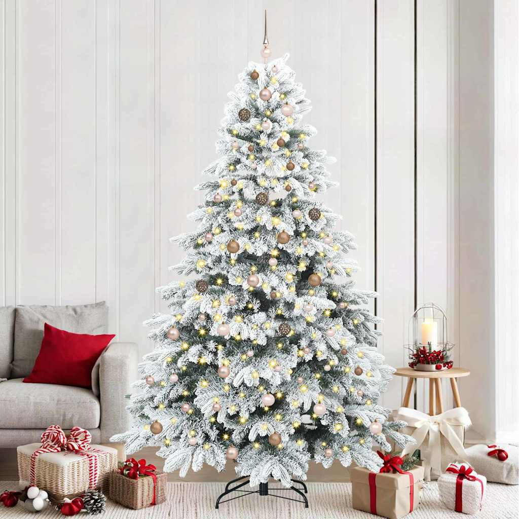 Műkarácsonyfa gömbdíszekkel, 240 cm, fehér, 300 LED, meleg fehér fény, 112 ágvég
