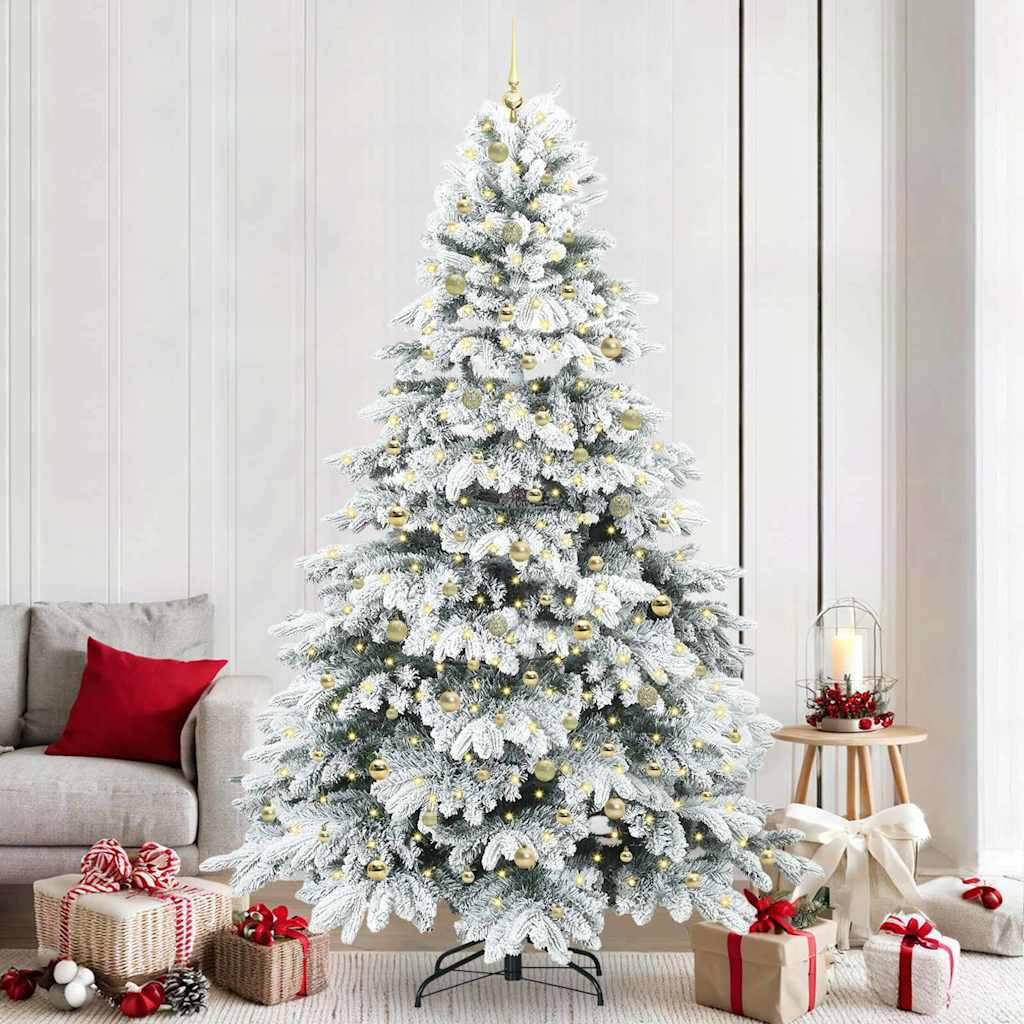 Műkarácsonyfa gömbdíszekkel, 240 cm, fehér, 300 LED, meleg fehér fény