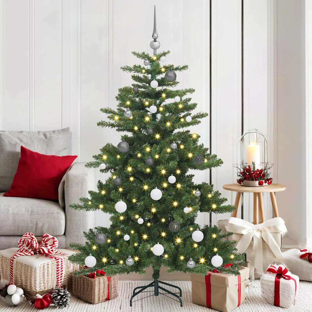 Összehajtható műkarácsonyfa gömbdíszekkel, 150 cm, zöld, 150 LED, meleg fehér fény