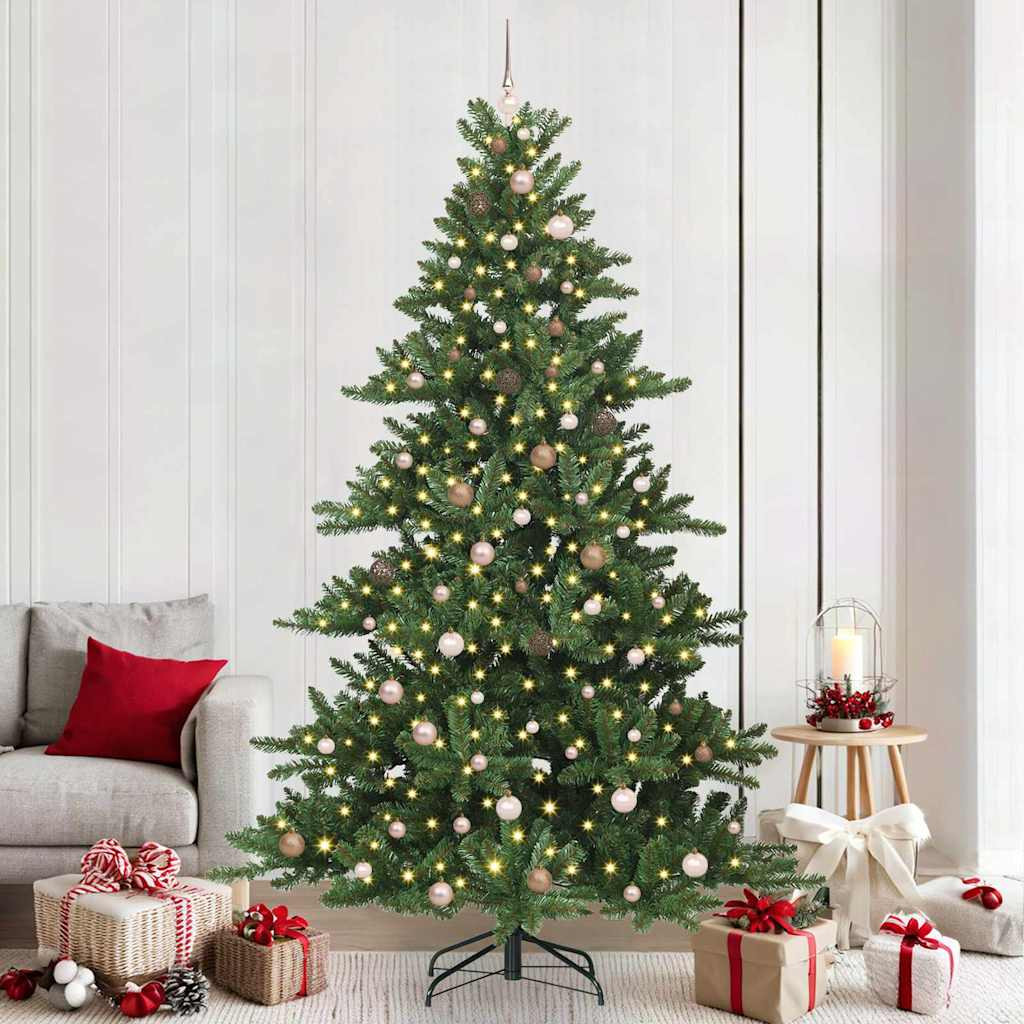 Összehajtható műkarácsonyfa gömbdíszekkel, 240 cm, zöld, 300 LED, meleg fehér fény
