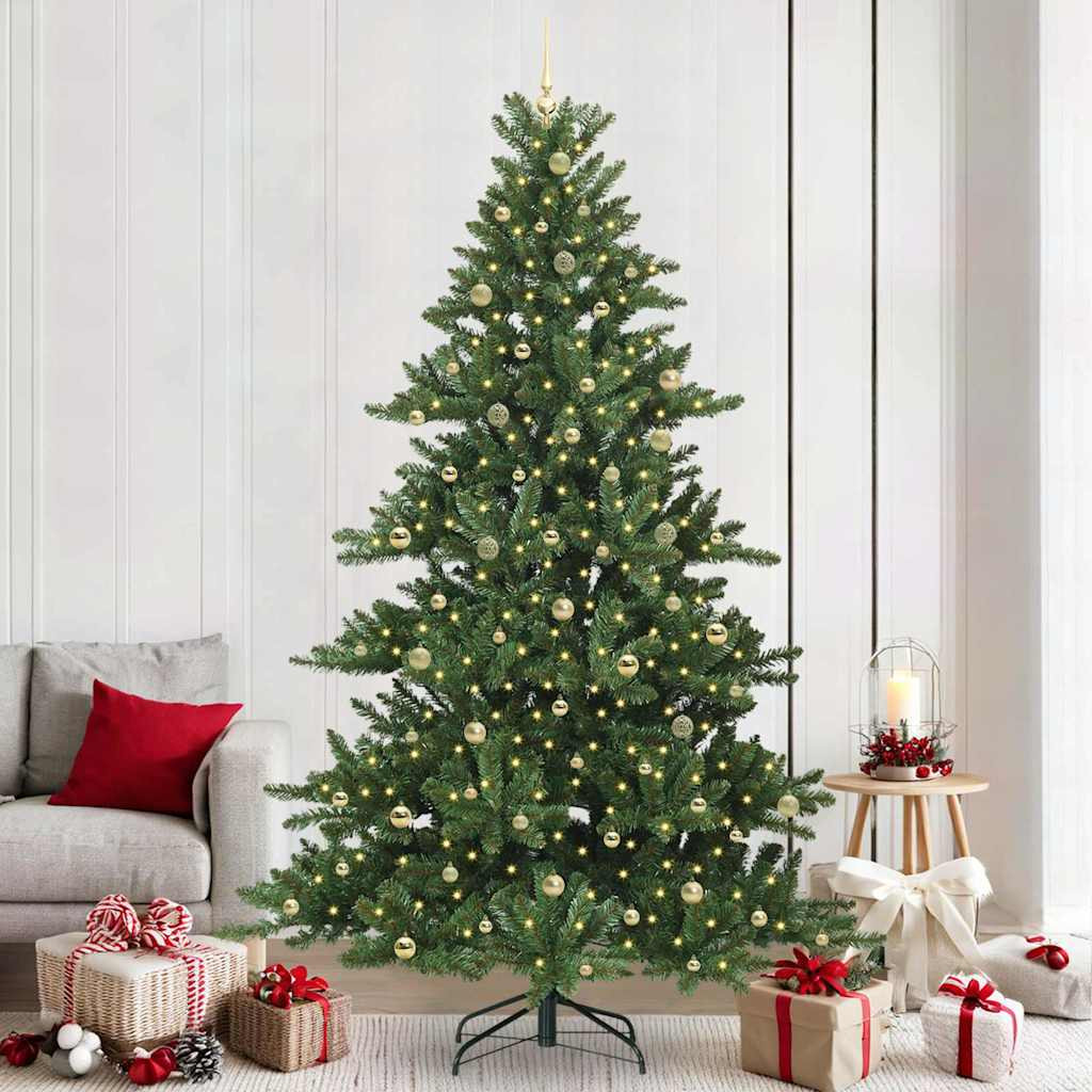 Összehajtható műkarácsonyfa gömbdíszekkel, 240 cm, zöld, 300 LED, meleg fehér fény