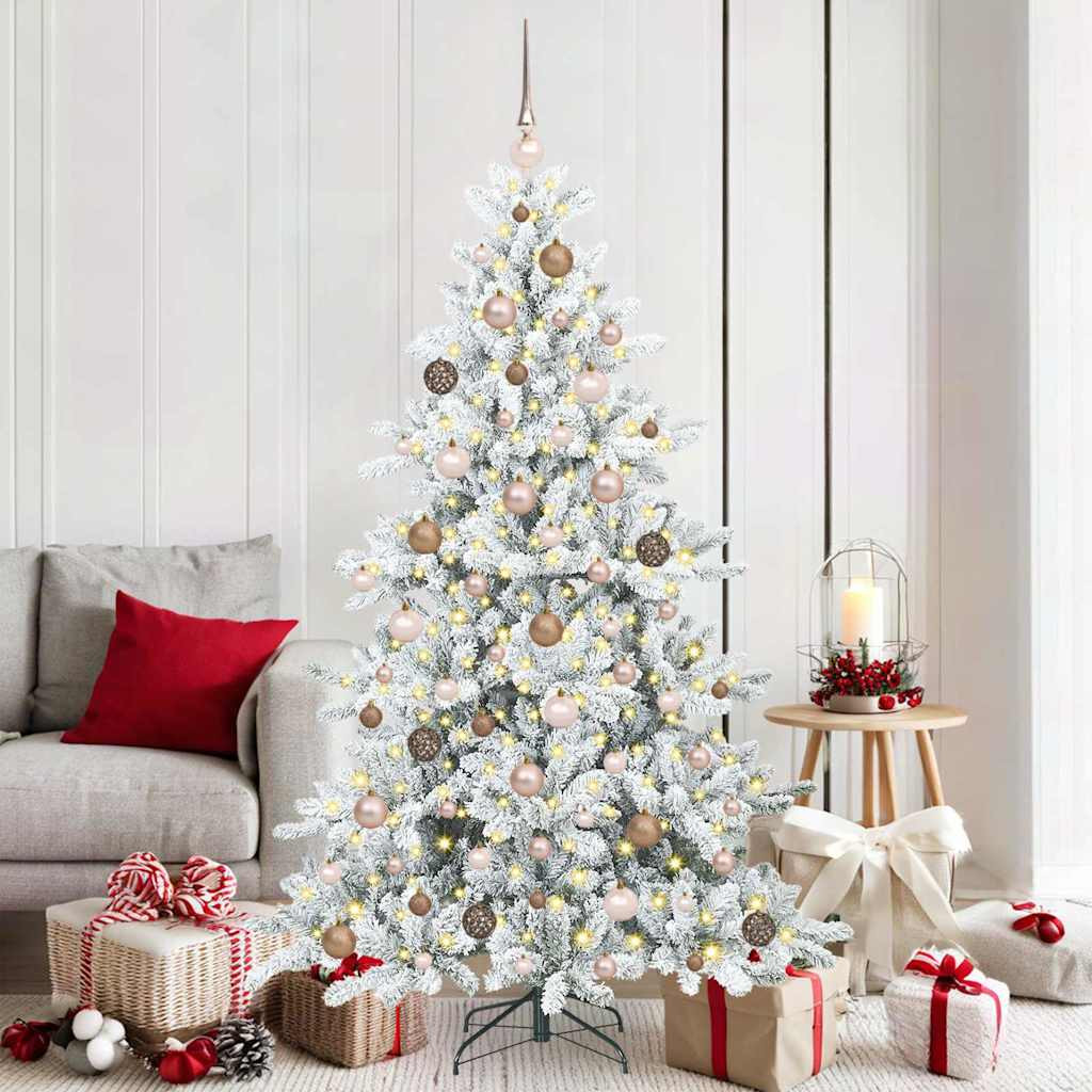 Összehajtható műkarácsonyfa gömbdíszekkel, 180 cm, fehér, 300 LED, meleg fehér fény