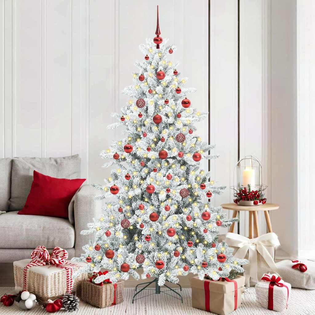 Összehajtható műkarácsonyfa gömbdíszekkel, 180 cm, fehér, 300 LED, meleg fehér fény