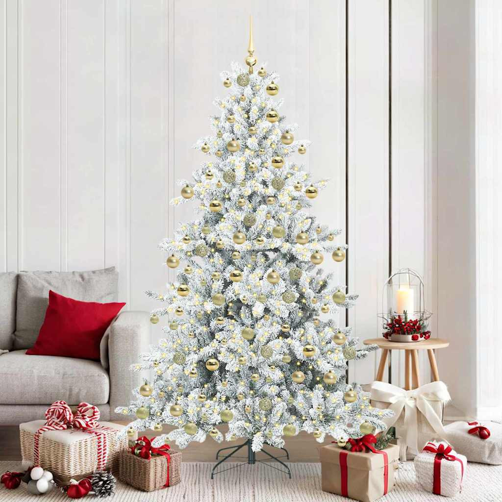 Összehajtható műkarácsonyfa gömbdíszekkel, 180 cm, fehér, 300 LED, meleg fehér fény