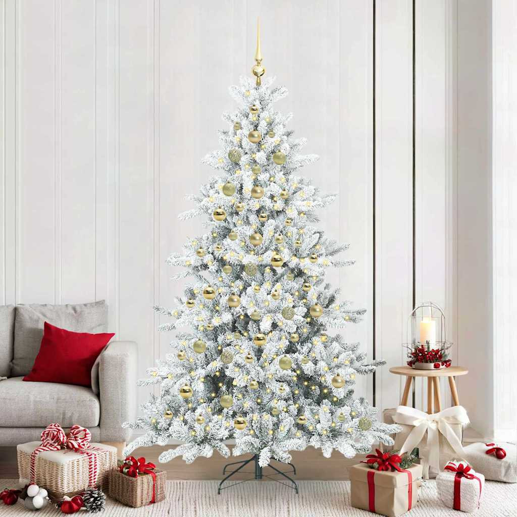 Összehajtható műkarácsonyfa gömbdíszekkel, 210 cm, fehér, 300 LED, meleg fehér fény