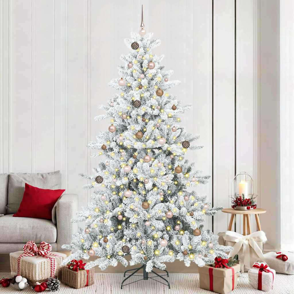 Összehajtható műkarácsonyfa gömbdíszekkel, 240 cm, fehér, 300 LED, meleg fehér fény