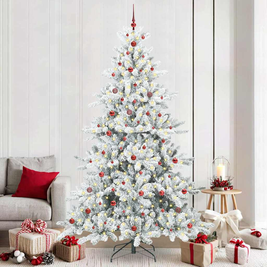 Összehajtható műkarácsonyfa gömbdíszekkel, 240 cm, fehér, 300 LED, meleg fehér fény