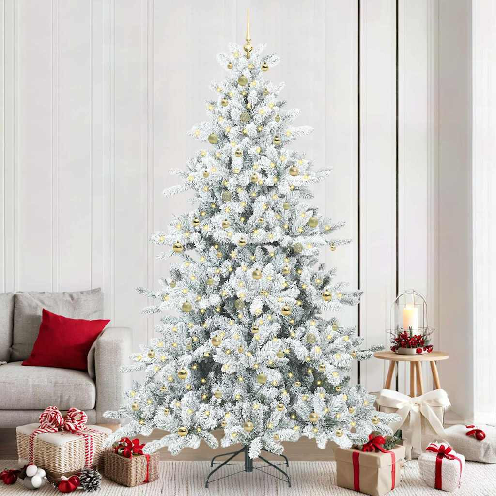 Összehajtható műkarácsonyfa gömbdíszekkel, 240 cm, fehér, 300 LED, meleg fehér fény