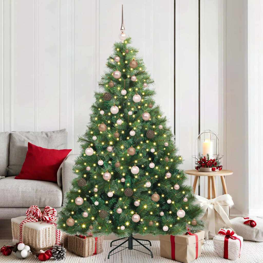Műkarácsonyfa gömbdíszekkel, 180 cm, zöld, 300 LED, meleg fehér fény, 264 ágvég