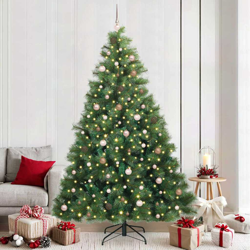 Műkarácsonyfa gömbdíszekkel, 240 cm, zöld, 300 LED, meleg fehér fény, 792 ágvég