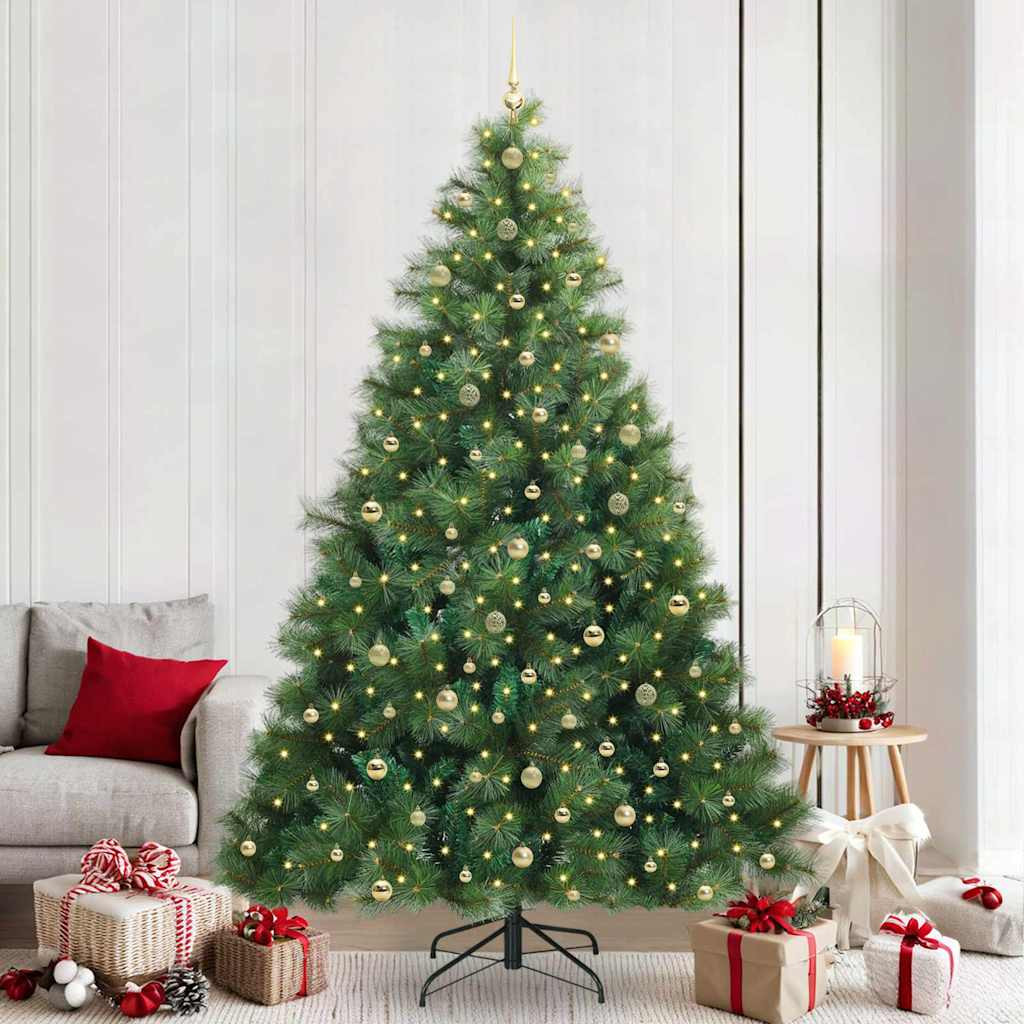 Műkarácsonyfa gömbdíszekkel, 240 cm, zöld, 300 LED, meleg fehér fény