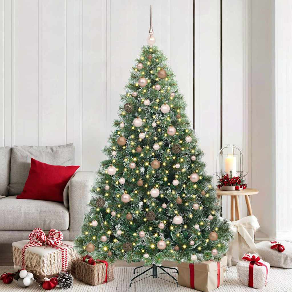 Műkarácsonyfa gömbdíszekkel, 180 cm, zöld, 300 LED, meleg fehér fény