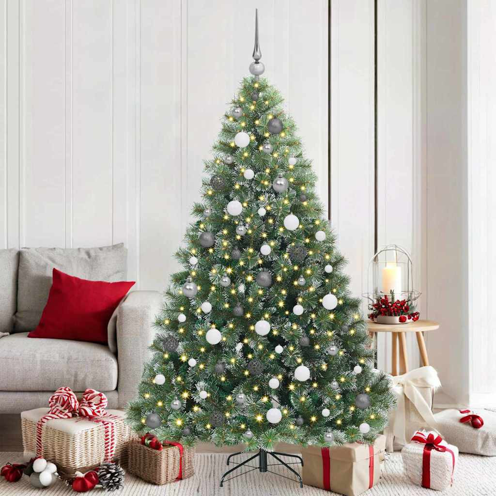Műkarácsonyfa gömbdíszekkel, 180 cm, zöld, 300 LED, meleg fehér fény